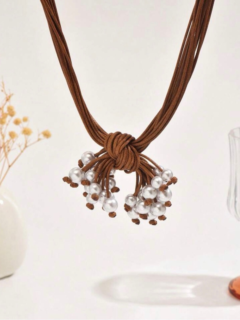 Brown Leather Cord Necklace with Silver Bead Clusters